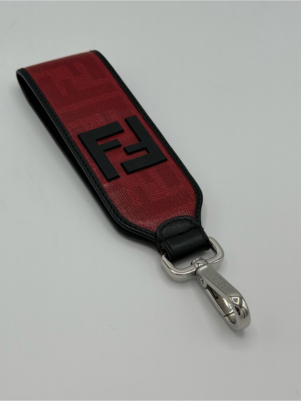 Fendi Red and Black Leather Logo Strap Key Holder